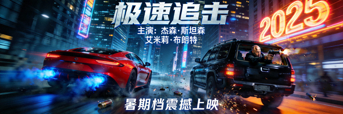 热门动作电影封面，城市夜景与追逐场景
